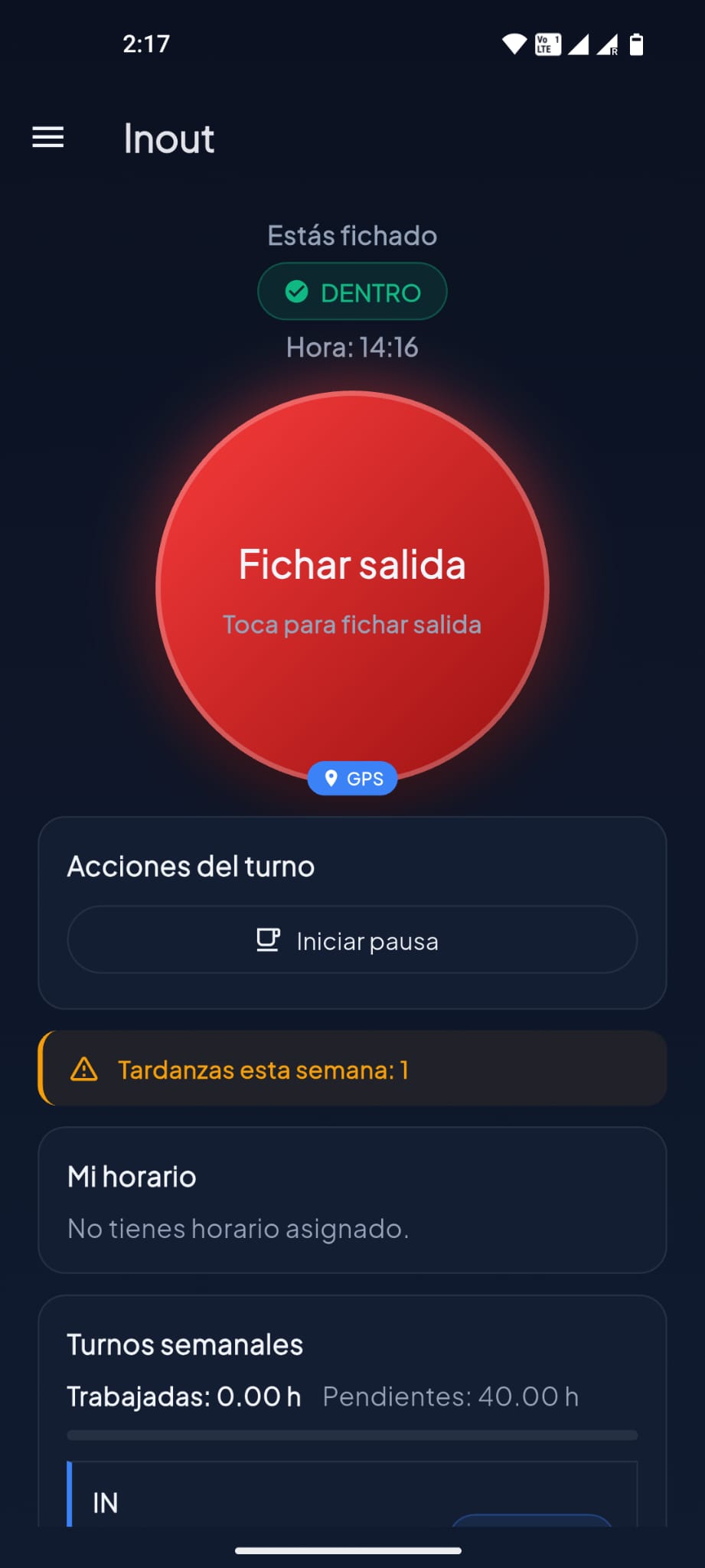 Pantalla real de TrustinTime mostrando el fichaje digital