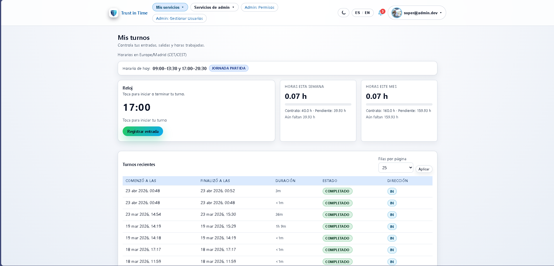 TrustinTime — Vista de turnos del equipo